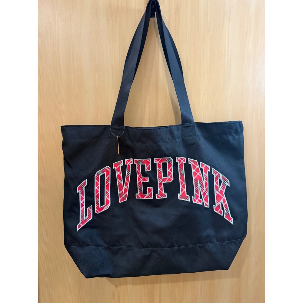 Victorias Secret PINK Black Canvas Tote Bag Plaid Love Pink Logo Zip Top NWT